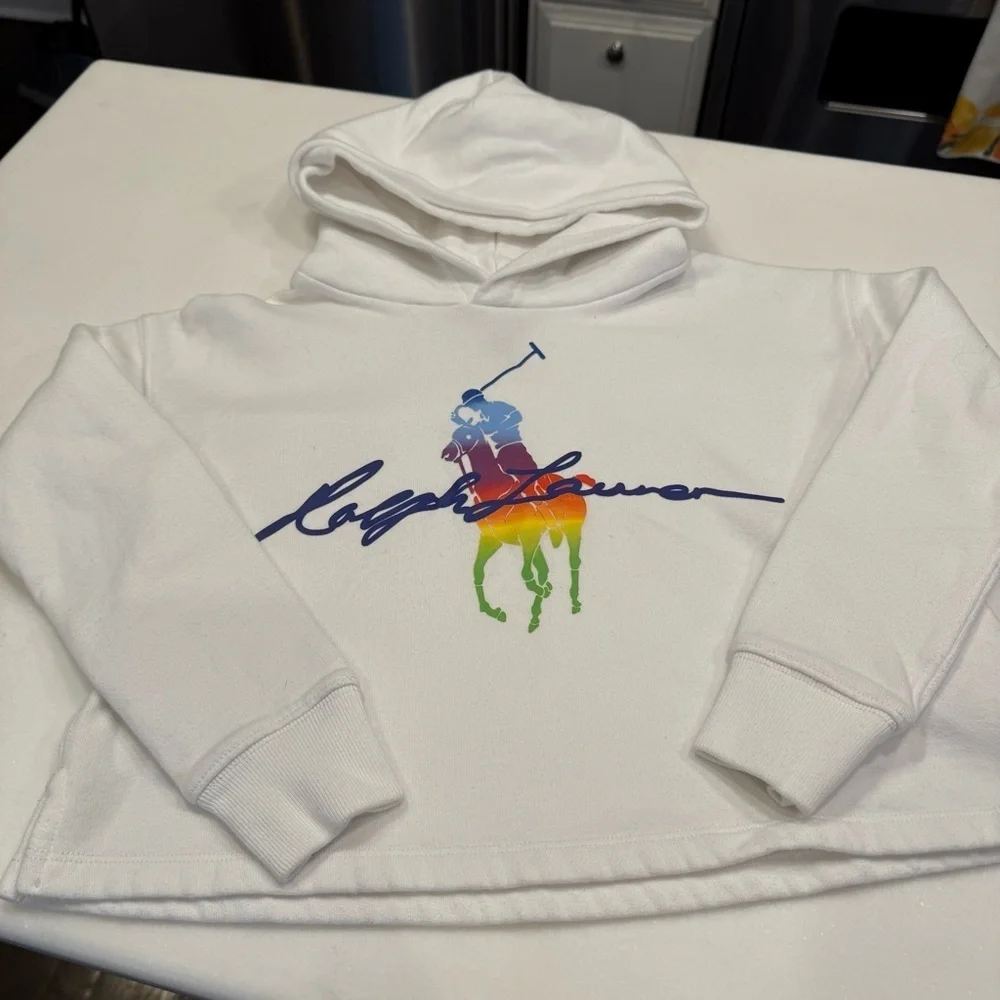 Ralph Lauren Girls 2 PCS Set Reversible Down Puffer Vest & White Hoodie M(8-10)